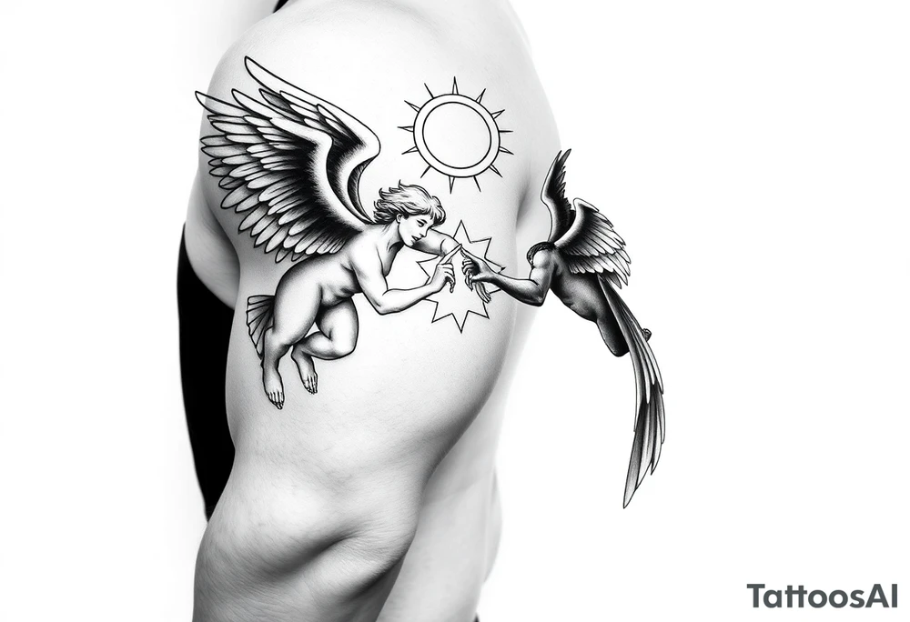 white angel and black angel flying at each other, fighting over a halo tattoo idea