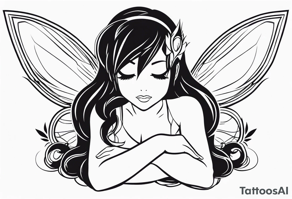 No color fairy with a tail inspired by the logo of the anime show called Fairy Tail in a fetal position leaning in and forward while sleeping tattoo idea