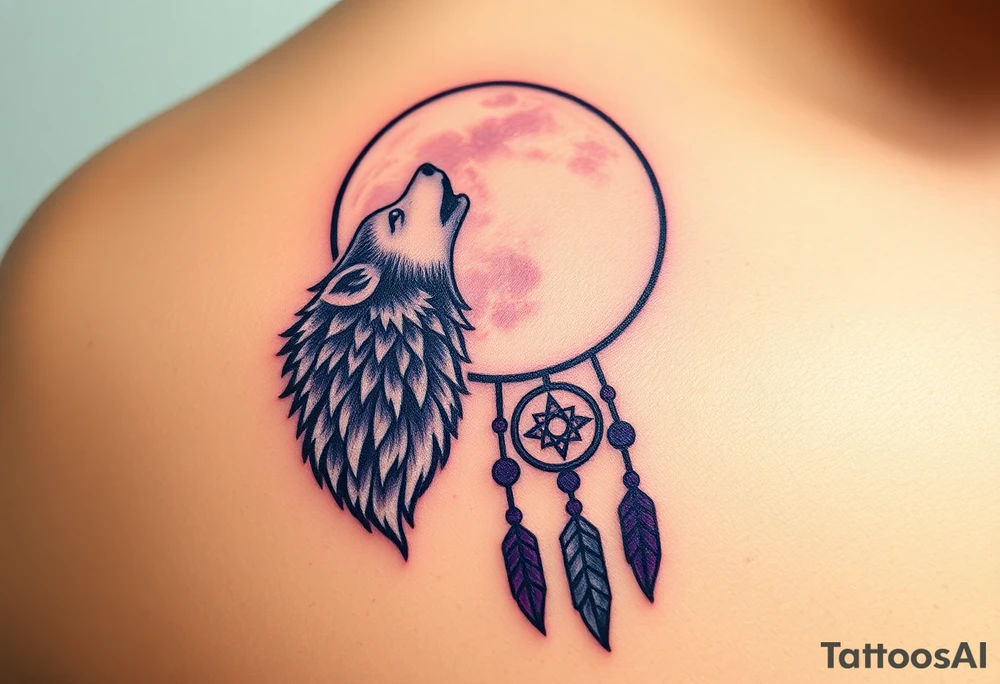 A full moon behind a wolf howling at the night sky, with dreamcatcher threads hanging below, colored in deep purples and silvery whites tattoo idea