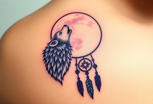 A full moon behind a wolf howling at the night sky, with dreamcatcher threads hanging below, colored in deep purples and silvery whites tattoo idea