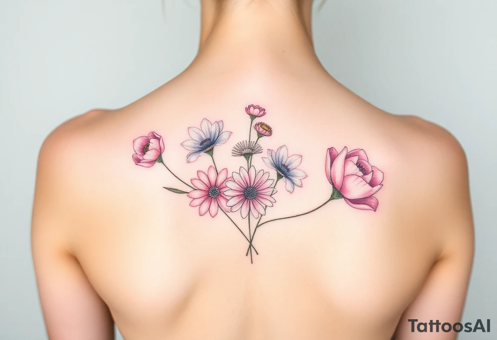 flower arrangment ,include two carnations, one violet, two daisies, one cosmos, and one peony tattoo idea