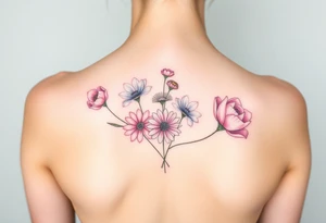 flower arrangment ,include two carnations, one violet, two daisies, one cosmos, and one peony tattoo idea