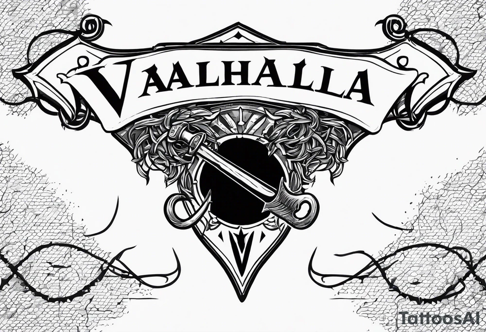 Valhalla sword round
shield axe barbed wire chains dark cloud lightning tattoo idea