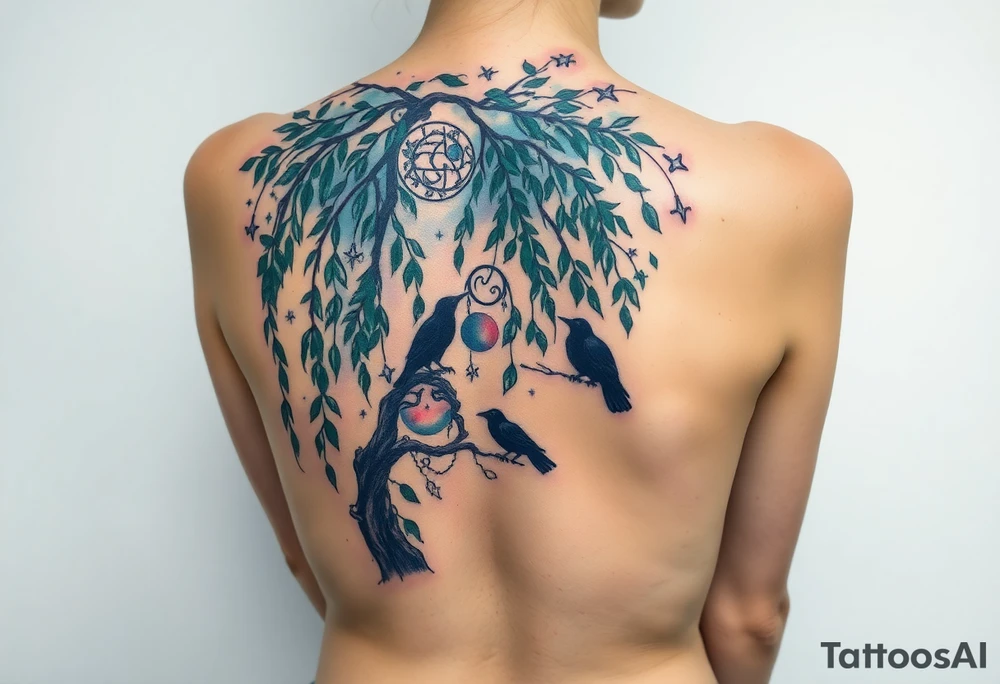 Weeping willow with starry sky background with zodiac constellations in it with runes and ravens tattoo idea