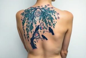 Weeping willow with starry sky background with zodiac constellations in it with runes and ravens tattoo idea