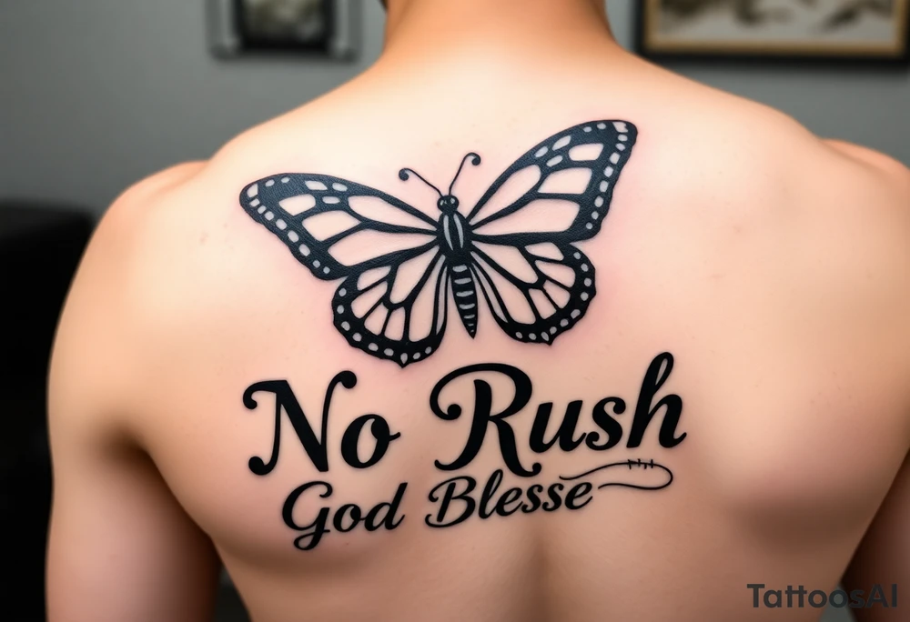 The words No Rush with a monarch butterfly in the same tatto with the words God Bless with a fishing pole. Tattoo is masculine for the upper arm tattoo idea