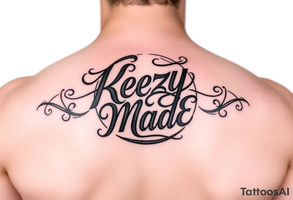 Just lettering  fancy but rugged twisted and intertwined circular arched curvy lettering in a circular  that would be clothing brand style that says (KeezY MadE) tattoo idea