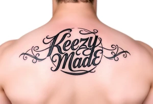 Just lettering  fancy but rugged twisted and intertwined circular arched curvy lettering in a circular  that would be clothing brand style that says (KeezY MadE) tattoo idea