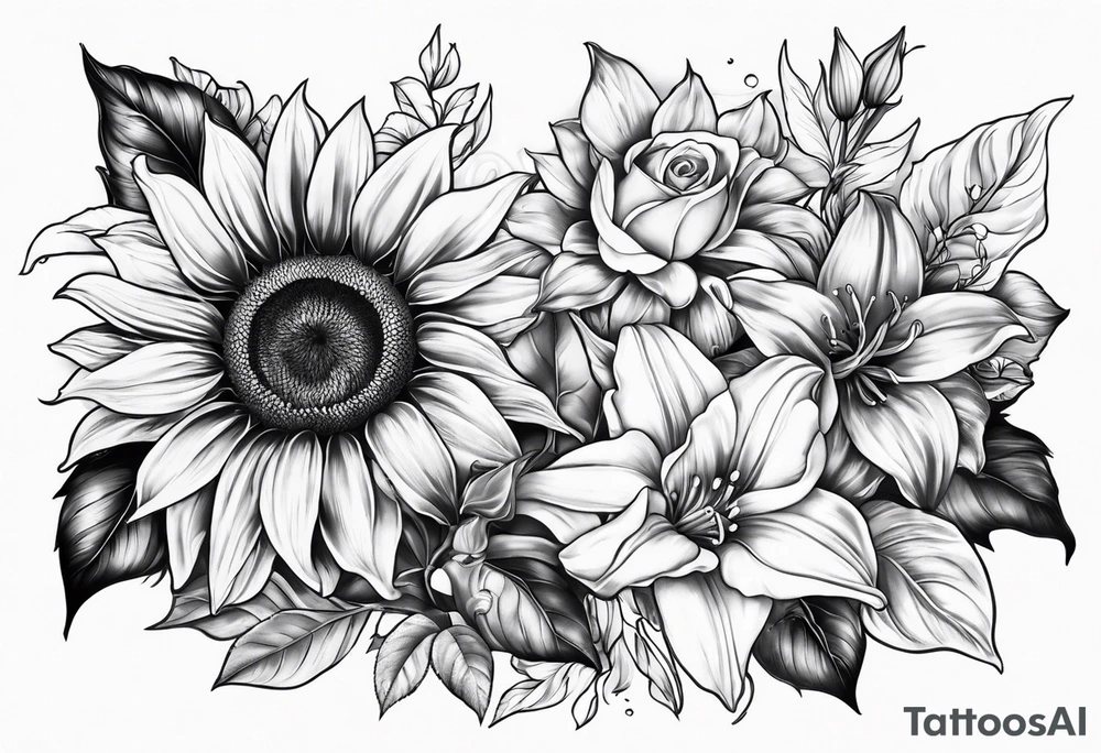 Sunflower, Rose and Lily tattoo idea