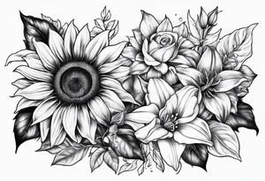 Sunflower, Rose and Lily tattoo idea