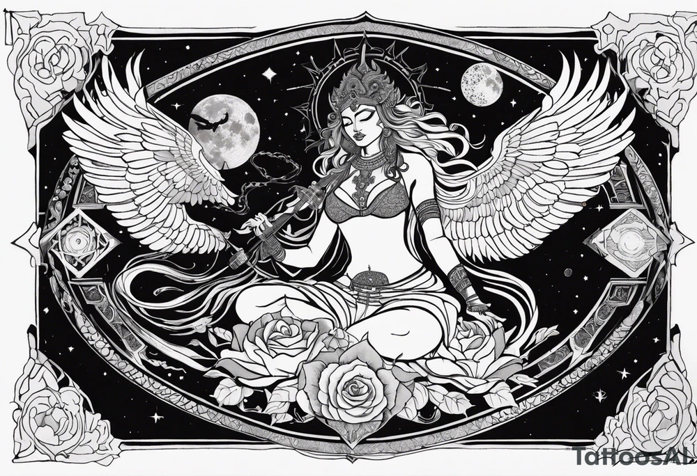 black kali, goddess pirate, alien, angel, pachamama, valkrye, warrior, flying, skull, lotus azul, wing, eagle, zenza resonance, stars, 5D, anahata chakra, death, durga, riding on a tiger, flying lady, chest tatoo tattoo idea