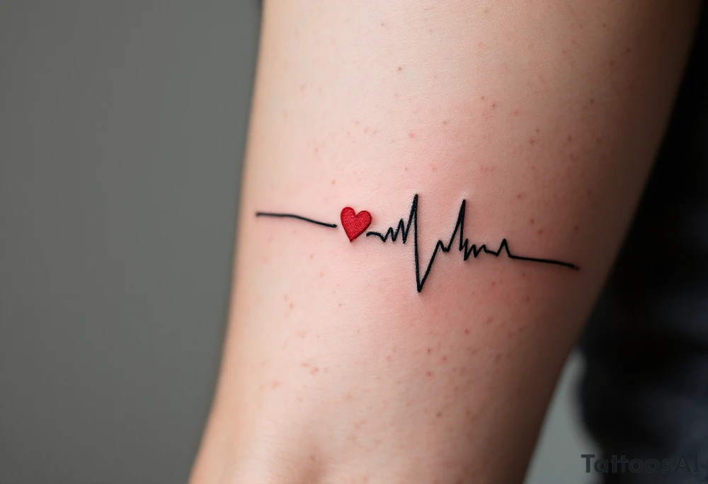 A delicate black and gray EKG line with a small, bright red heart at the end, capturing a heartbeat of love. tattoo idea