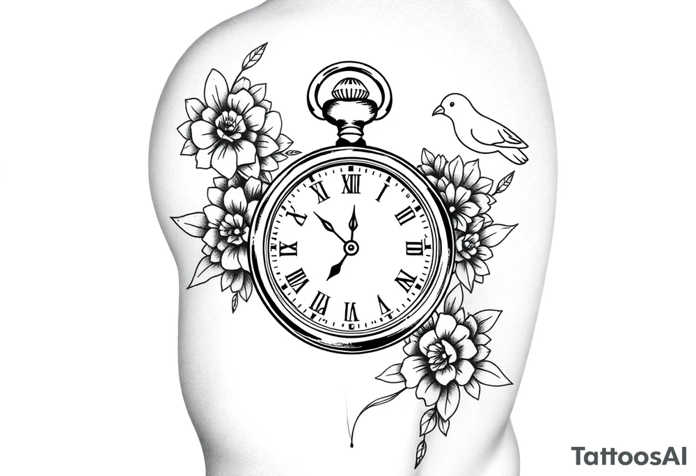 Pocket watch , surrounded by floral ornaments and dove, name spaces tattoo idea