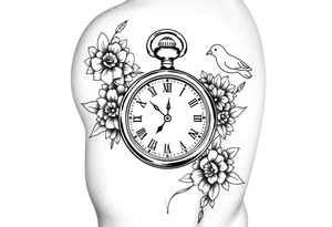 Pocket watch , surrounded by floral ornaments and dove, name spaces tattoo idea