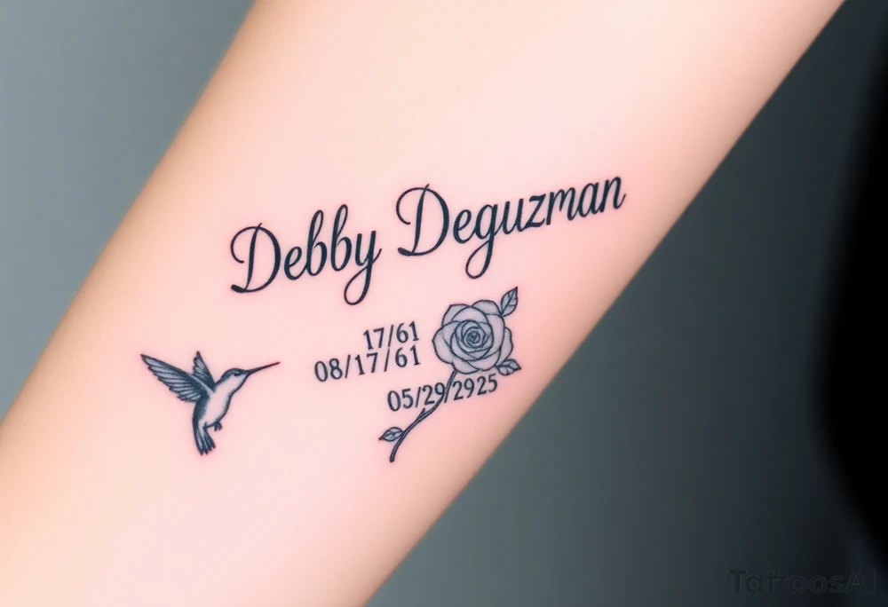 Tattoo of the name Debby Deguzman in chunky bold curly cursive with the exact dates of 08/17/61-05/29/25 surrounded by a hummingbird and a rose tattoo idea