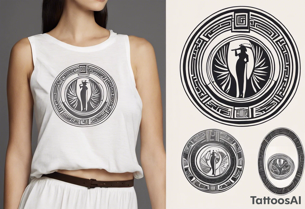 "Craft a minimalist round tattoo inspired by ancient Greek art, featuring Clio, the muse of history and lyre-playing. Design a circular composition with Clio depicted in the center, holding a scroll. Surround her with simple yet symbolic elements such as laurel wreaths, scrolls, or geometric patterns reminiscent of ancient Greek pottery. Ensure the design maintains a minimalist style, with clean lines and limited detail, while capturing the essence of Clio's affinity for knowledge and the arts within the circular frame." tattoo idea