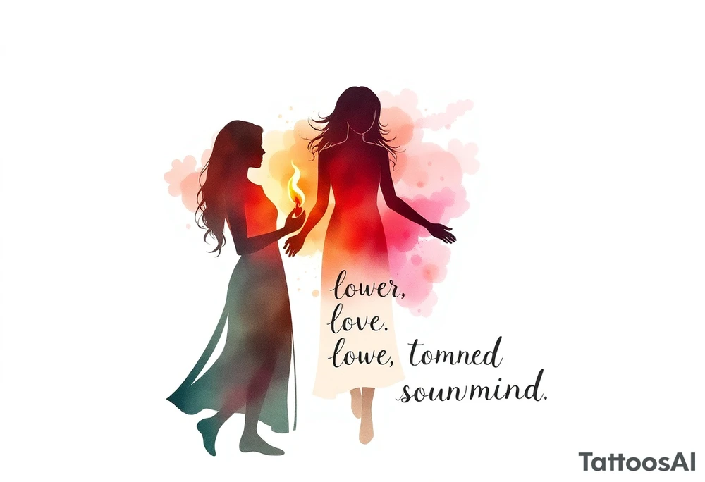 Silhouette of mother passing a flame to two daughters. Make the flame in watercolor motif and the silhouettes simple. Incorporate the words power, love and sound mind tattoo idea