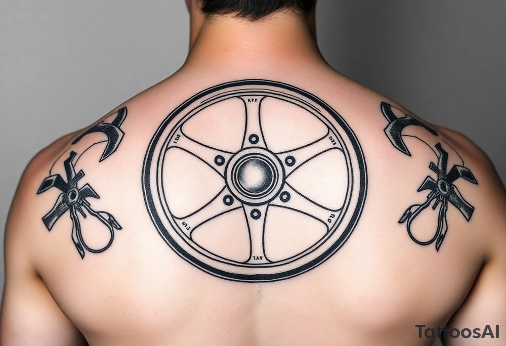 Put together a steering wheel, a misty fanglue for mortar and scissors for sheet metal in one tattoo tattoo idea