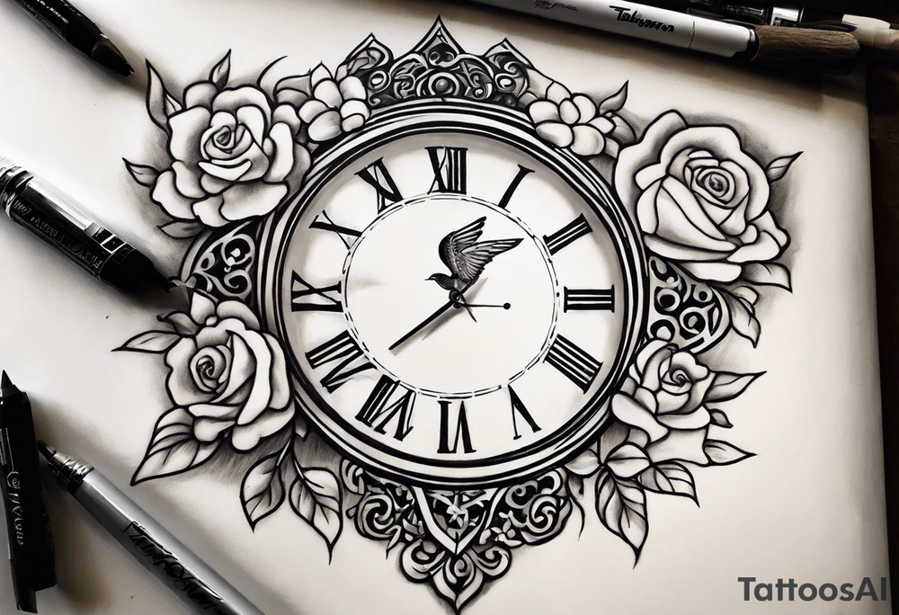 Memorializing Mawmaw
07-05-38 / 09-23-24
Grandson and grandma walking up to the gates of heaven with the gates opened shinning bright with a cross and Doves flying around 
Big Busted clock behind it with the time of her death 7:00pm tattoo idea