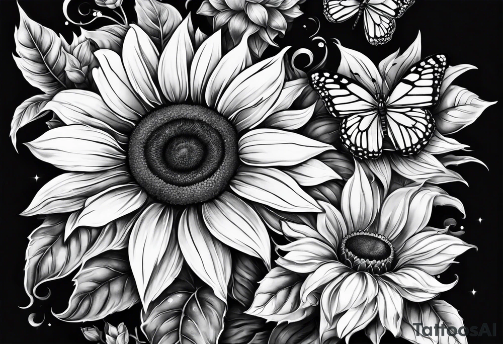 Arm sleeve with sunflowers and butterflies tattoo idea