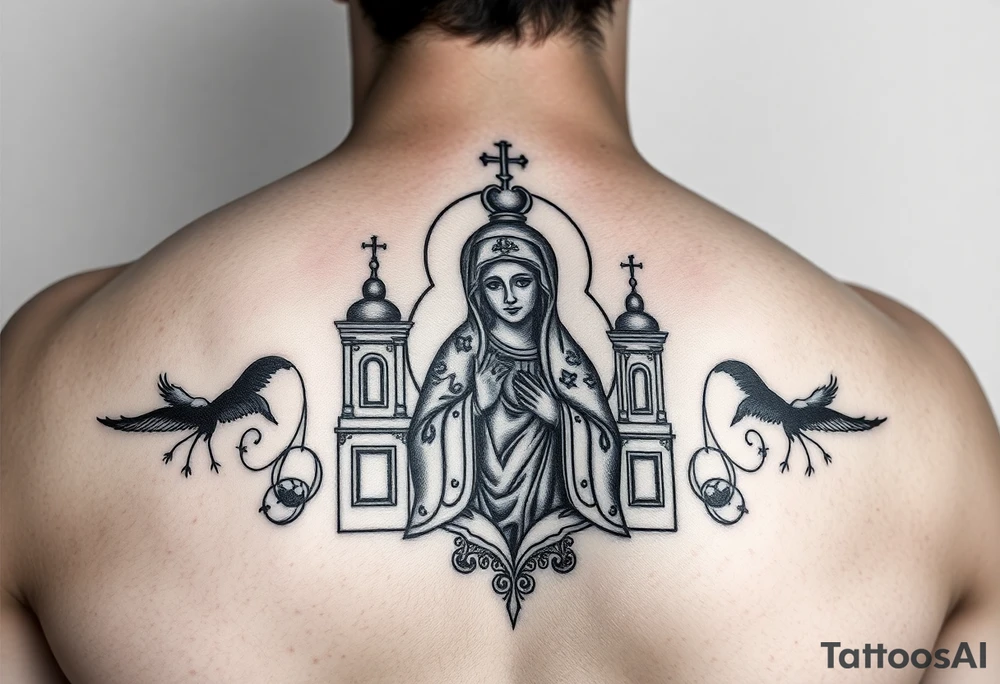 Russian church and orthodox icon realistic with madonna icon of kazan tattoo idea