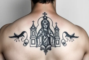 Russian church and orthodox icon realistic with madonna icon of kazan tattoo idea