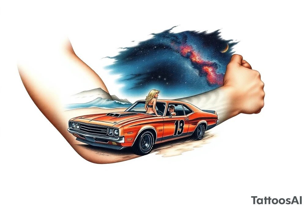 I want a sleeve that starts with a beach with dale Earnhardt car on the beach with a hot blonde 80’s girl with big hair on the hood. Then an ocean with big waves then a big dark sky with the Milky Way in it and Jimi Hendrix Stratocaster in the sky tattoo idea