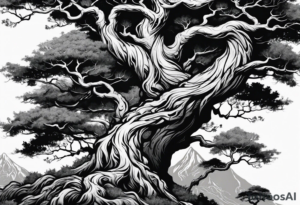 Full arm sleeve Tree reaching up to shoulder with roots going all the way down to the wrist. Mountain, water, and demon elements tattoo idea