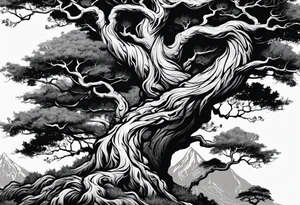 Full arm sleeve Tree reaching up to shoulder with roots going all the way down to the wrist. Mountain, water, and demon elements tattoo idea