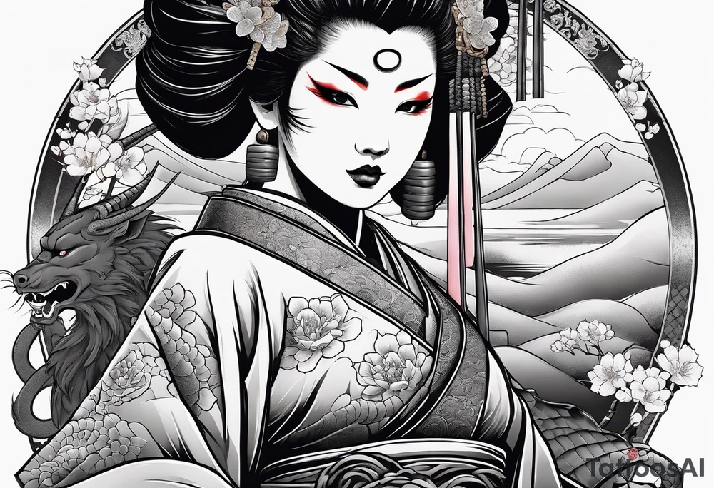 geisha in samurai armor, wearing an odashi in her hand and an oni mask on her belt, with a dragon in the background tattoo idea