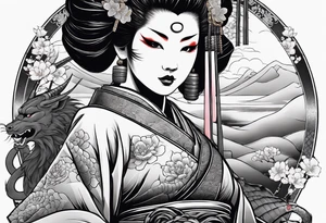 geisha in samurai armor, wearing an odashi in her hand and an oni mask on her belt, with a dragon in the background tattoo idea