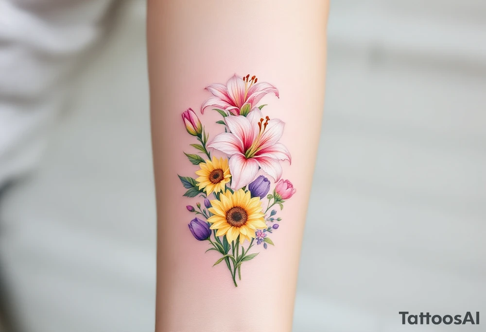 stargazer lillies in light pink with small sunflowers and peonies and purple tulip buds in a dainty wildflower bouquet with stems tattoo idea