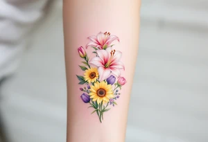 stargazer lillies in light pink with small sunflowers and peonies and purple tulip buds in a dainty wildflower bouquet with stems tattoo idea