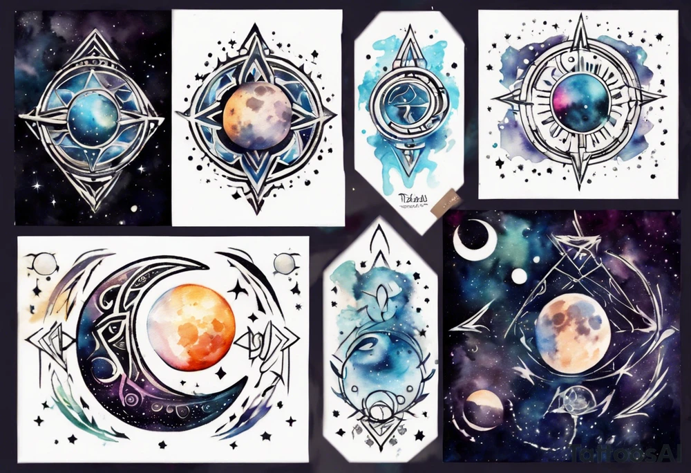 Shoulder to shoulder, moon phase,  across chest, Tribal Tattoo design that depicts with tribal patterns, Cancer symbol, geometric swirls, mesmerizing blend of vibrant watercolor splatter, stars, and galaxies, dreamy and otherworldly effect, solar system,astronomy tattoo idea