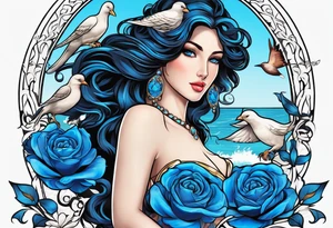 Aphrodite is the goddess of love, with a seaside background, surrounded by birds.. blue roses frames, background blue,present it in a, black hair, love motives, herat tattoo idea