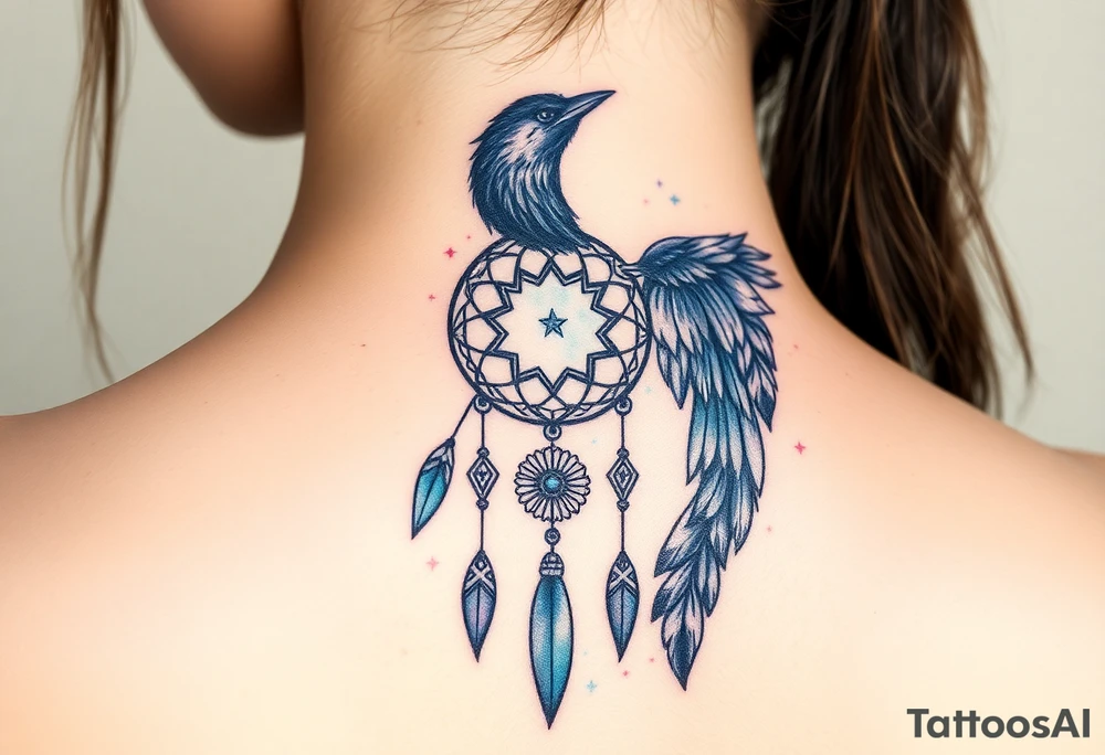 Raven dream catcher milky way moon shooting star tattoo idea