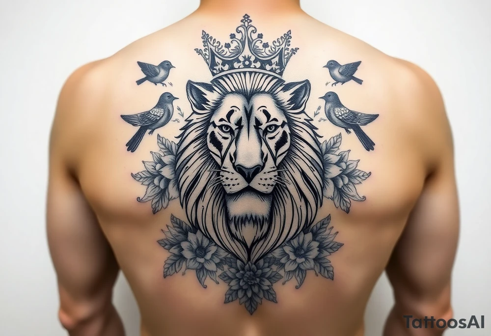 powerful majestic lion with a crown, surrounded by floral ornaments and birds tattoo idea