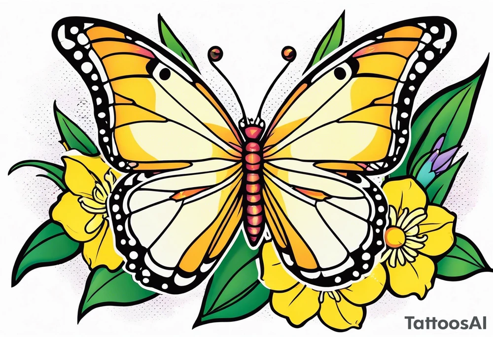 Butterfly, star and daffodils and morning glory tattoo idea