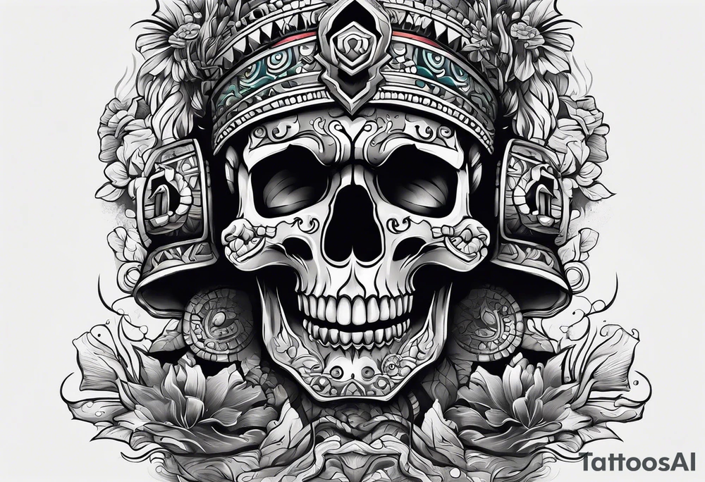 Mayan skull with mouth as cave with water coming out tattoo idea