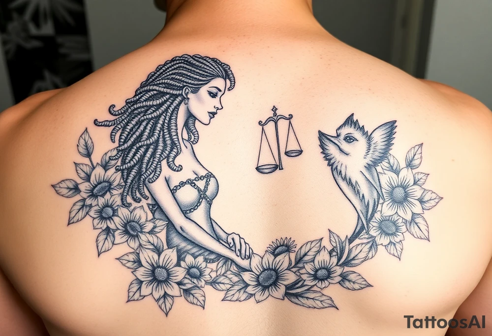 Mermaid, black woman, garden, and flowers, libra, hairstyle of loc include libra symbol tattoo idea