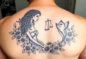 Mermaid, black woman, garden, and flowers, libra, hairstyle of loc include libra symbol tattoo idea