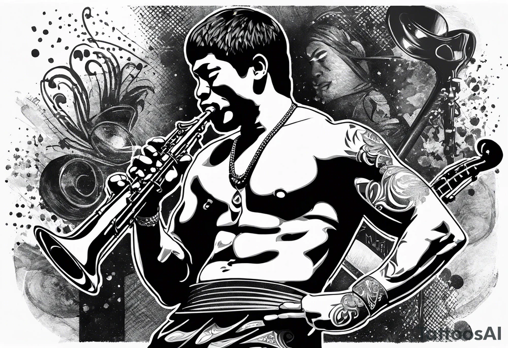 Muay Thai boxer with strong body is playing jazz on a Selmer tenor saxophone in an American jazz club front of a new orleans jazz trio band. The music notes are coming out from the saxophone and turning into buddhist symbols. tattoo idea