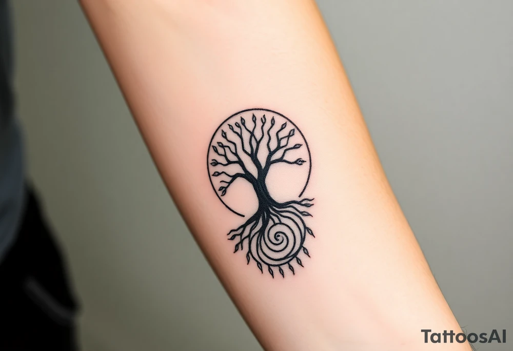 Tree inside of sun, spiral circle roots. A spiral line moving to the right tattoo idea