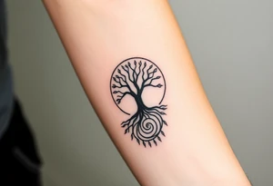 Tree inside of sun, spiral circle roots. A spiral line moving to the right tattoo idea