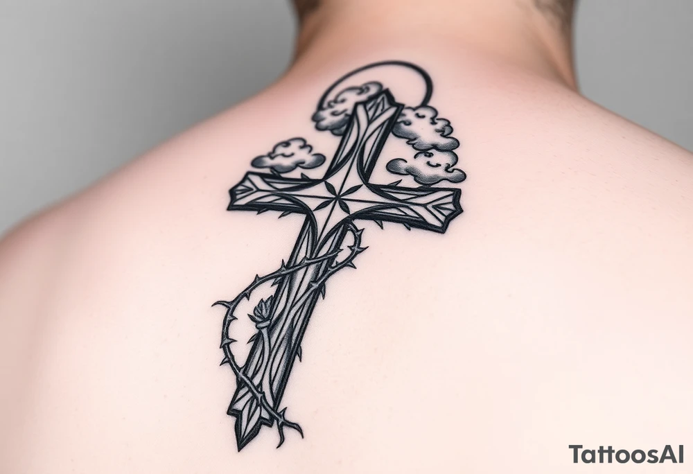 A very detailed and big cross that has thorn vines from a rose wrapping around it but with no flower just the thorns vines and then a halo above the cross with clouds around it tattoo idea