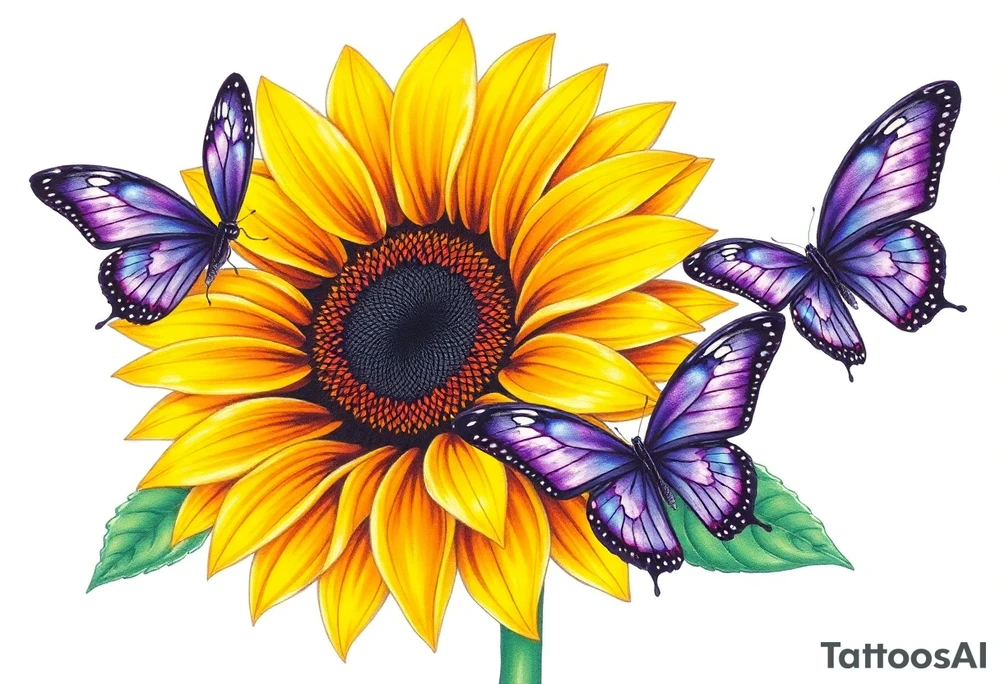 Sunflower with purple butterflies on side tattoo idea