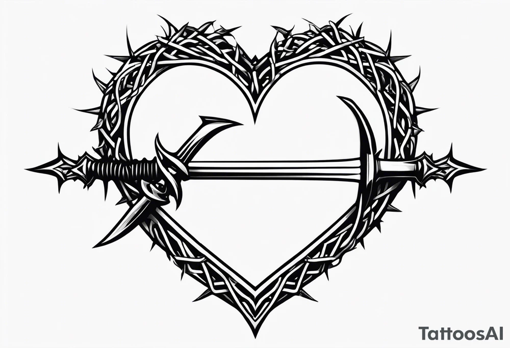 A simple design of a crown of thorns resting on the guard of a sword that is piercing a heart tattoo idea