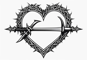 A simple design of a crown of thorns resting on the guard of a sword that is piercing a heart tattoo idea