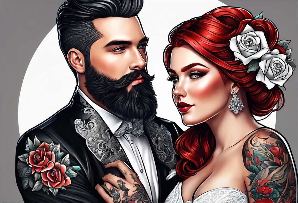 Busty red haired woman with a bearded man who has black hair getting married tattoo idea