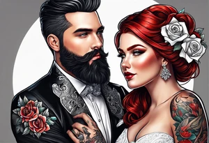 Busty red haired woman with a bearded man who has black hair getting married tattoo idea